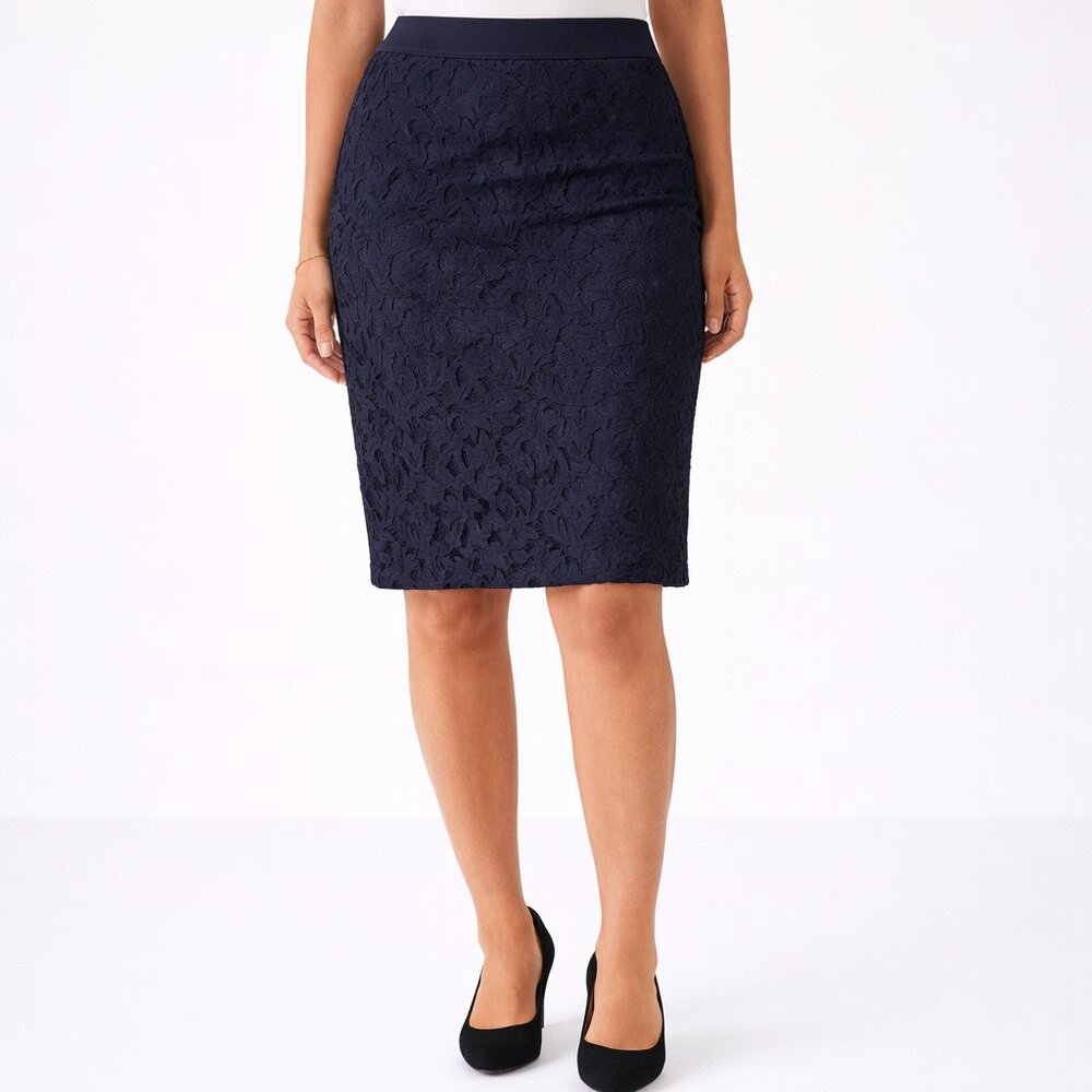 Ann Taylor Navy Lace Pencil Skirt Cocktail Lined Skirt, Size 6